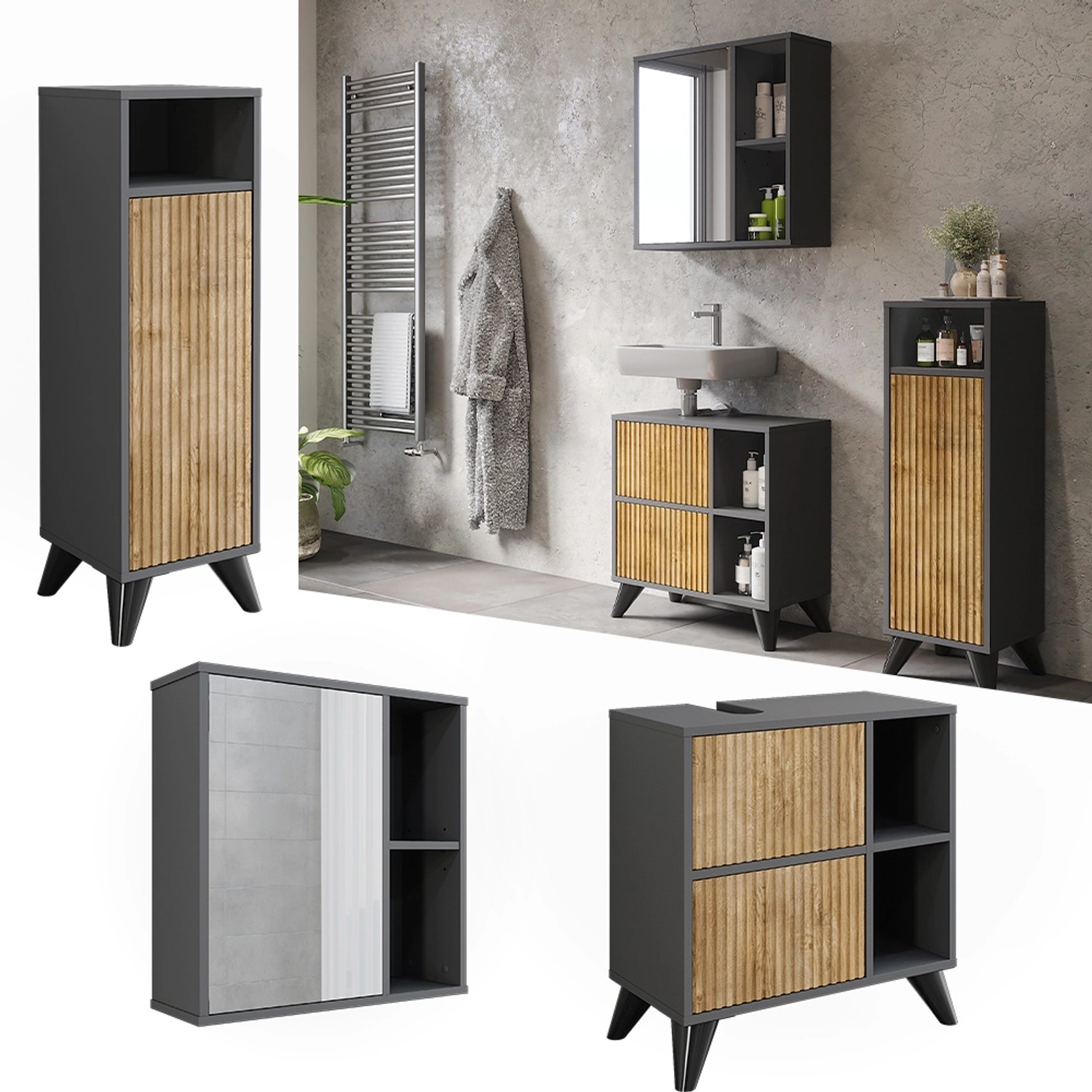 Vicco Badmöbel-Set Leano, 3-teilig in Anthrazit/Bergeiche: Spiegelschrank, Waschbecken- und Midischrank.