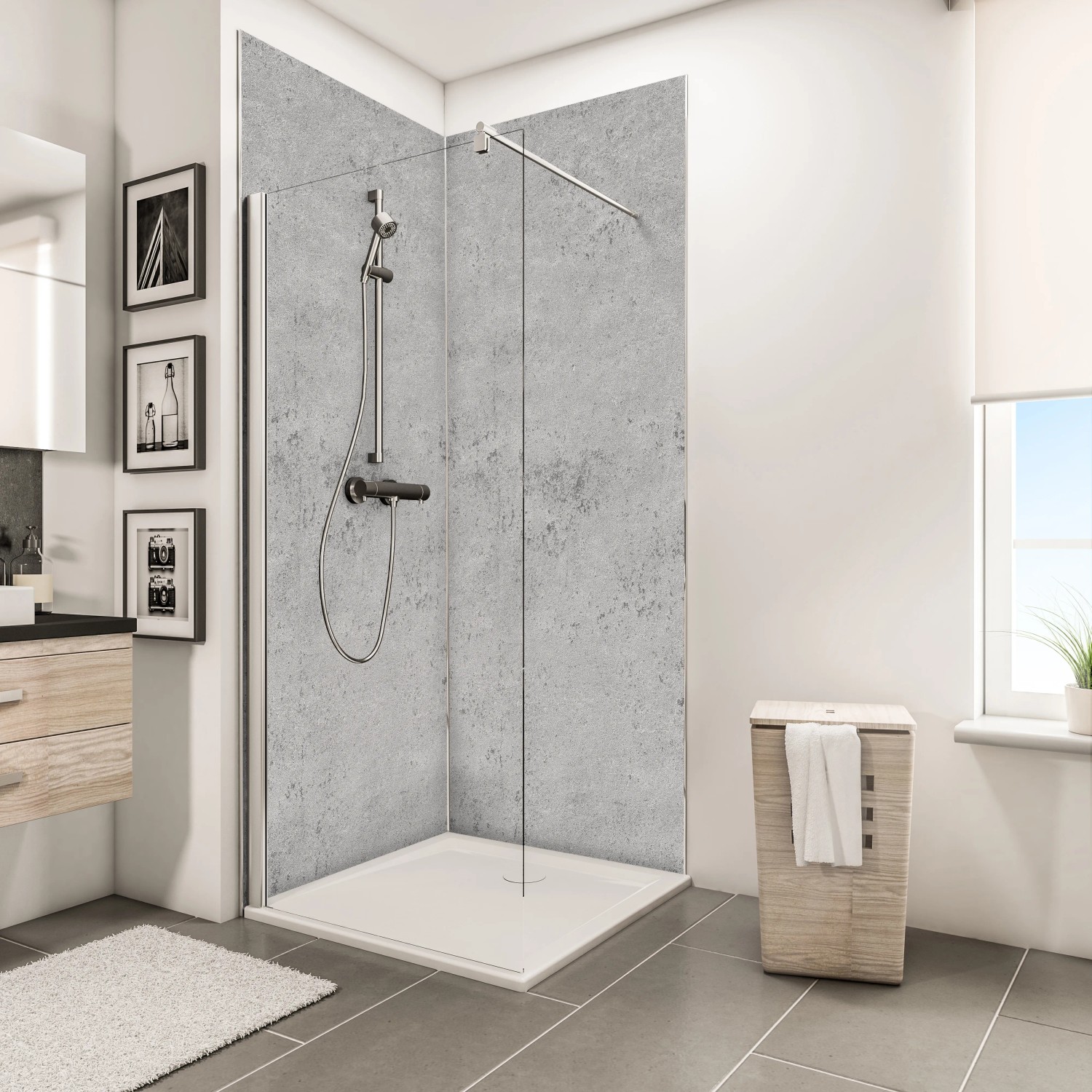 Schulte Duschrückwand ExpressPlus DecoDesign Stein Grau Hell, 255x100cm. Bad mit grauer Steinoptik.