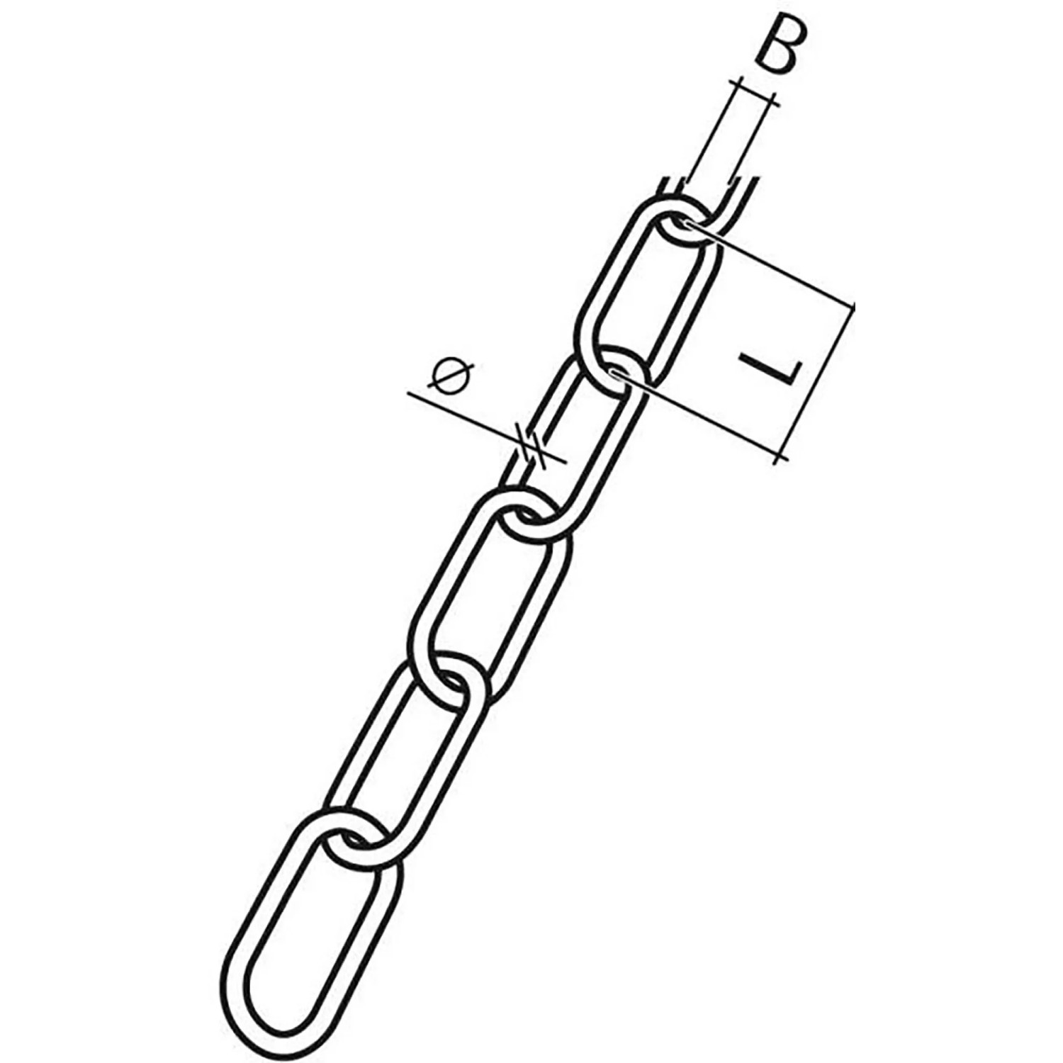 Technische Zeichnung einer Conacord Ringkette aus Stahl. Ovale Kettenglieder mit Maßangaben für Durchmesser und Länge.