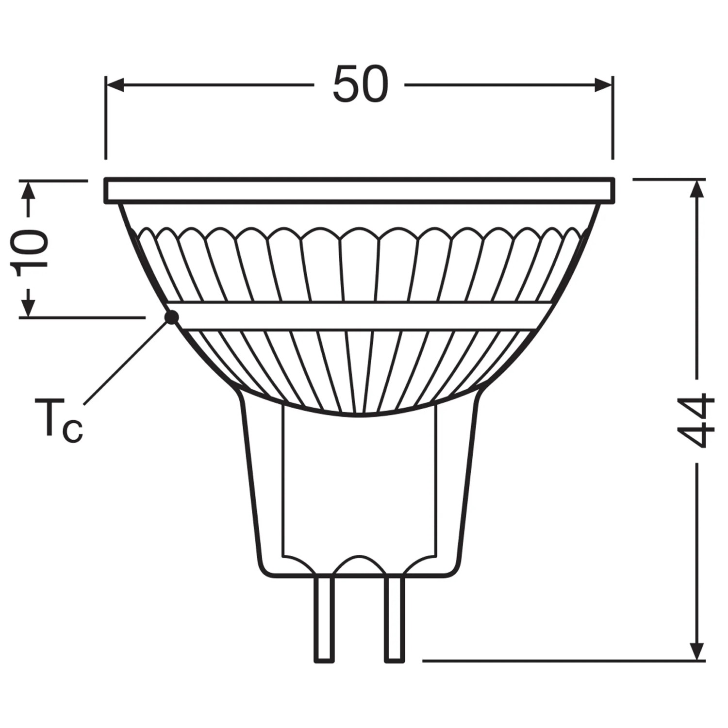 Technische Zeichnung Osram LED GU5.3 Spot MR16, Maße: 4,4 x 5 cm, dimmbar.