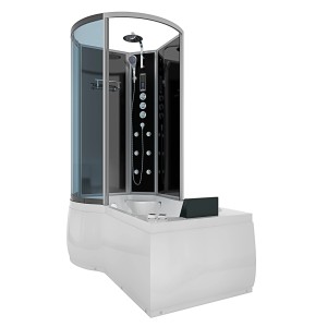 AcquaVapore Whirlpool-Duschkombination 100x170 cm mit schwarzer Rückwand und Regendusche.