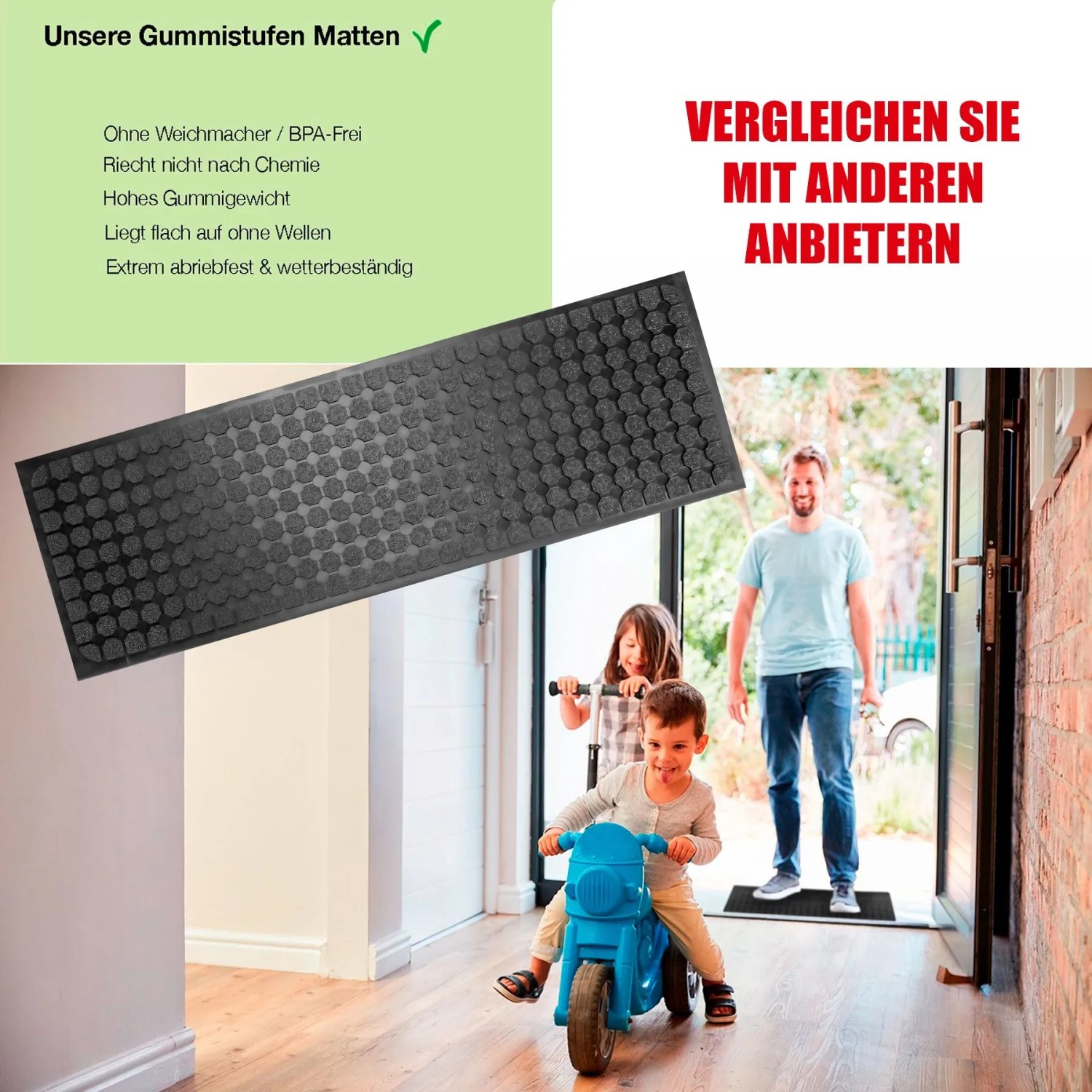 Dunkelgraue BigDean Gummi Stufenmatte mit strukturierter Oberfläche. Anti-Rutsch-Schutz für Treppen im Innen- & Außenbereich.
