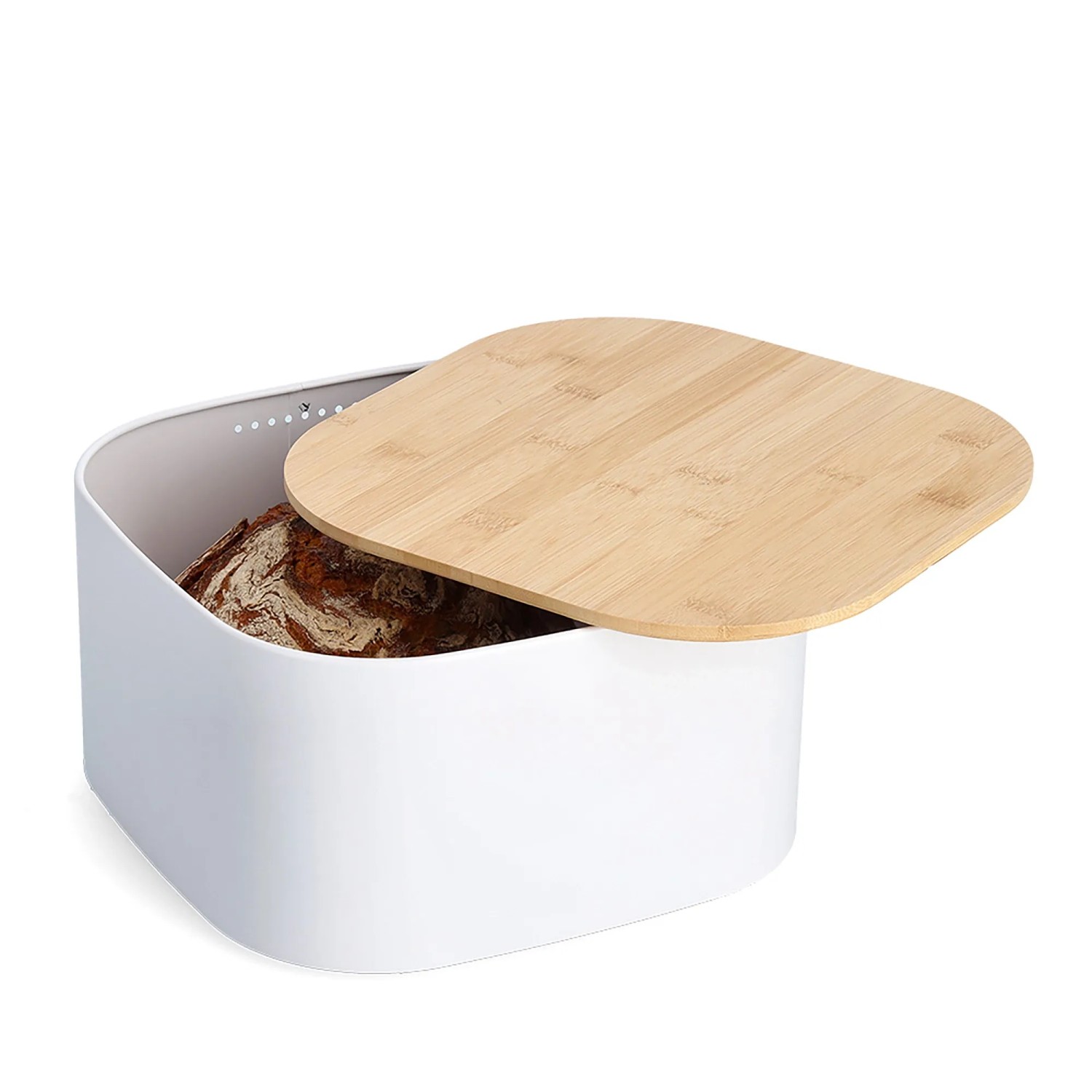 Weißer Zeller Brotkasten aus Metall mit Bambusdeckel, teilgeöffnet mit Brot.