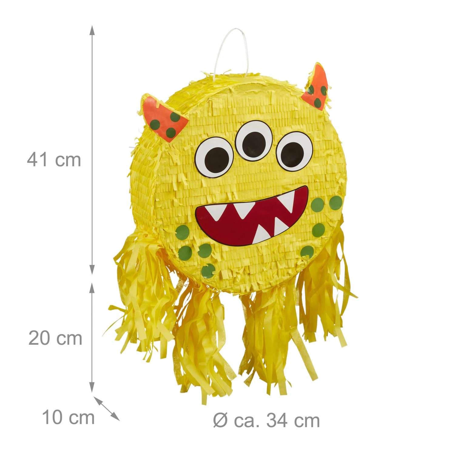 Gelbe Monster Pinata aus Pappe für Partys, mit drei Augen, Hörnern und Zähnen. Befüllbare Party-Deko, Ø 34 cm.