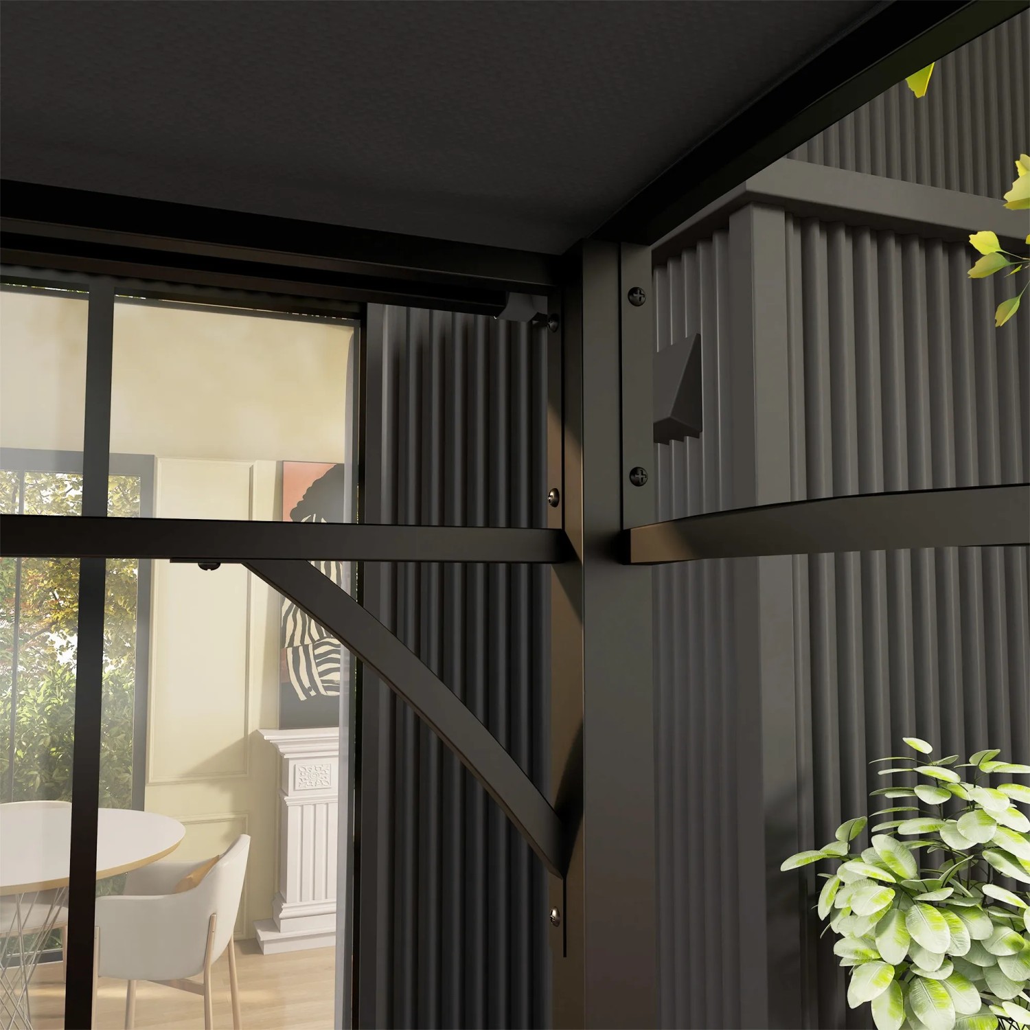 Detailansicht des Outsunny Grillpavillons in Dunkelgrau und Schwarz, Metallstruktur.