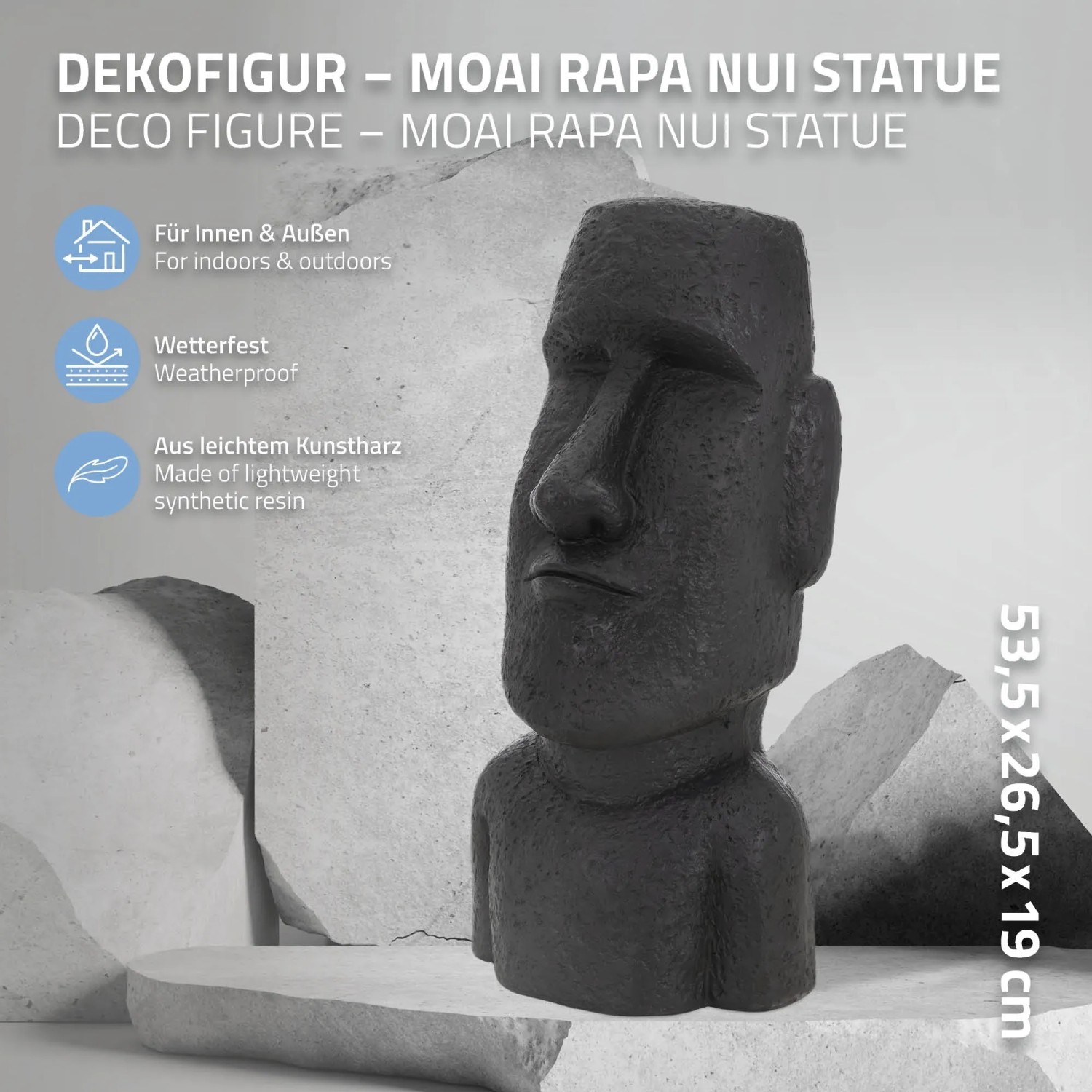 Anthrazitfarbene Moai Rapa Nui Figur, 53,5 cm hoch, aus Kunstharz für Haus und Garten.