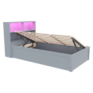 Graues Einzelbett 90x200cm mit hydraulischem Stauraum, LED-Kopfteil und Ablagefächern.