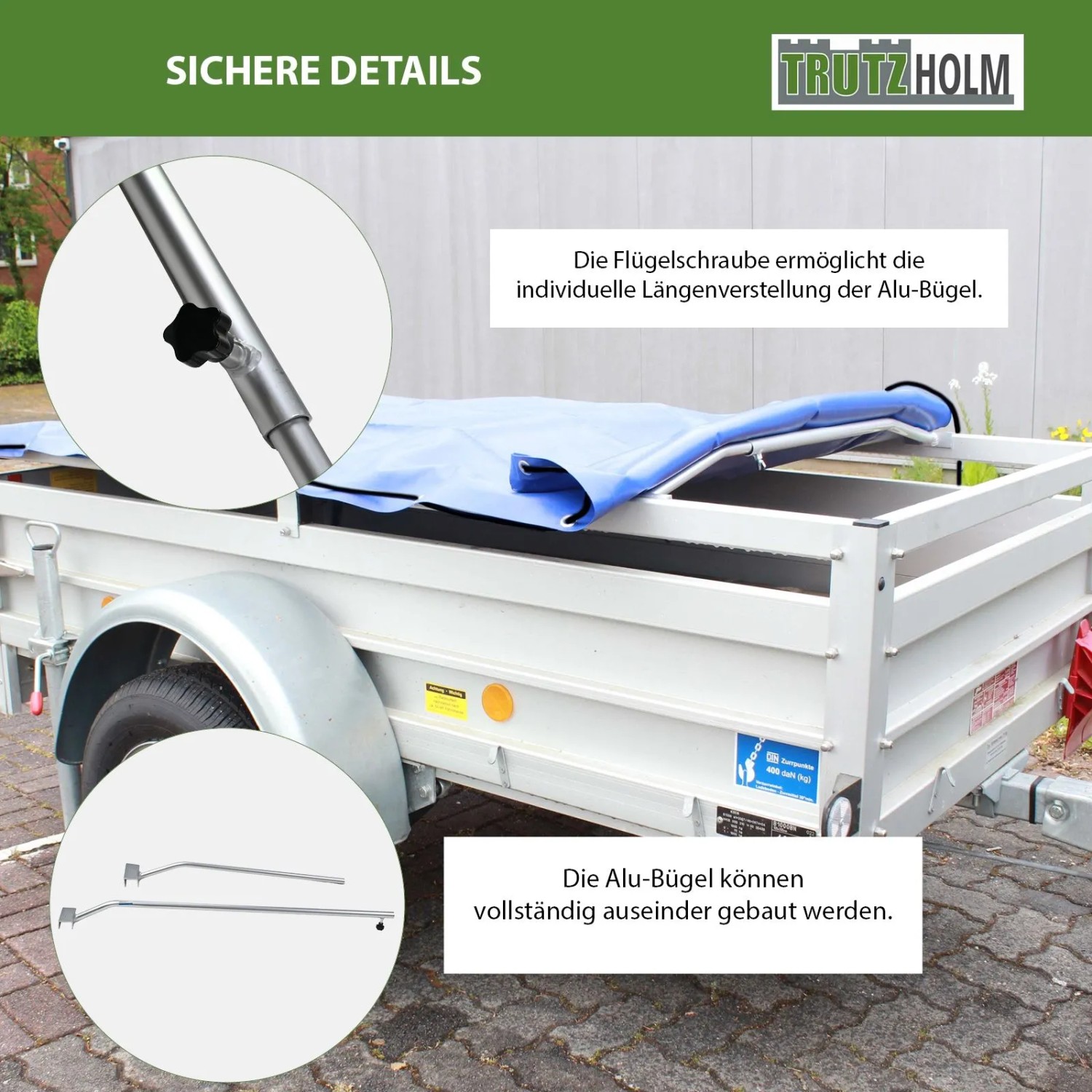 TRUTZHOLM 3x Alu Planenbügel verstellbar auf Anhänger mit blauer Plane.