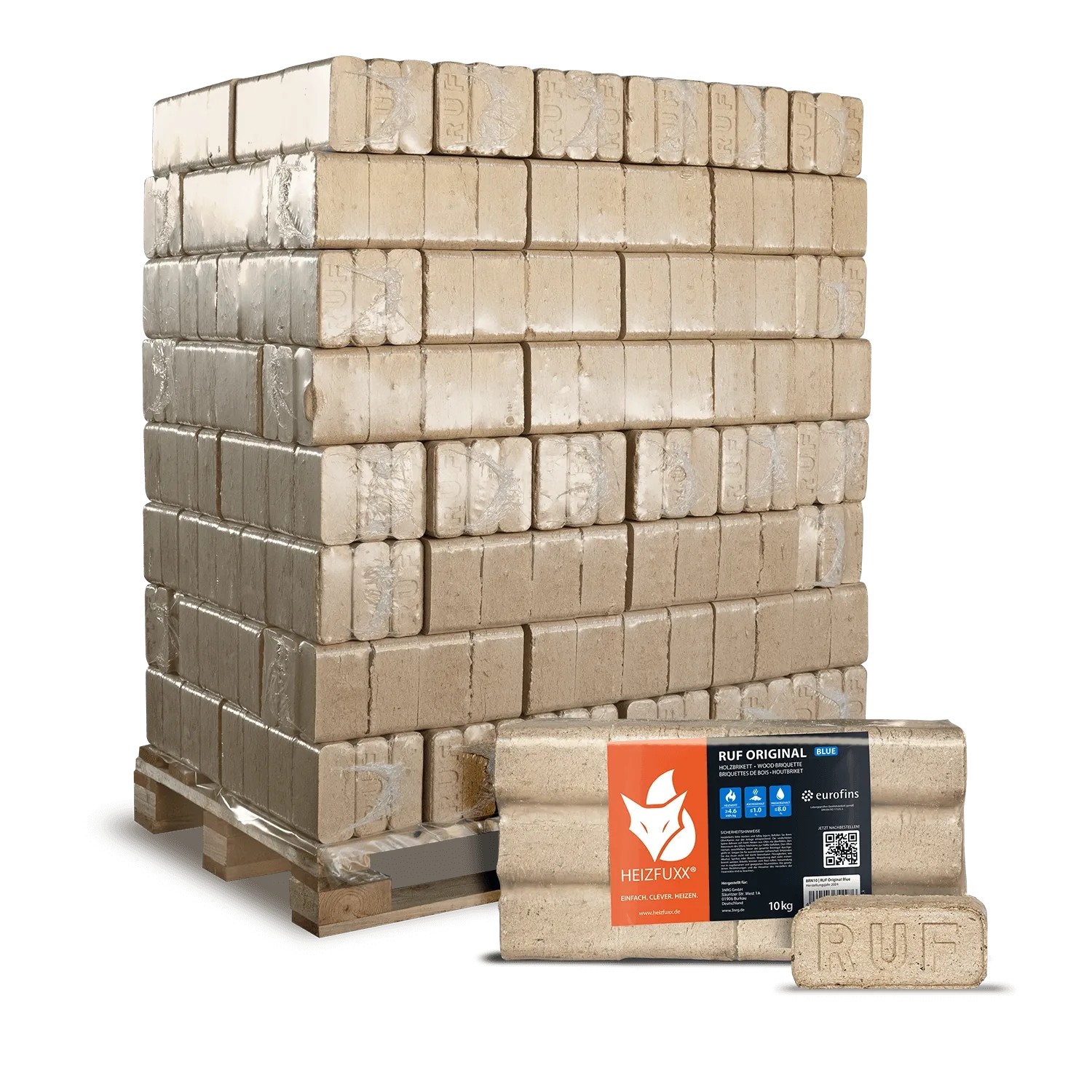 Heizfuxx RUF Original Blue Holzbriketts Nadelholz 10kg x 96 Gebinde 960kg Palette