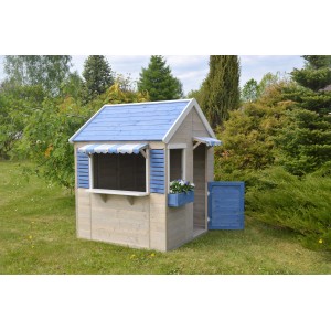 Wendi Toys Kinderspielhaus Delfin mit Markisen, blauem Dach und offener Tür im Garten.