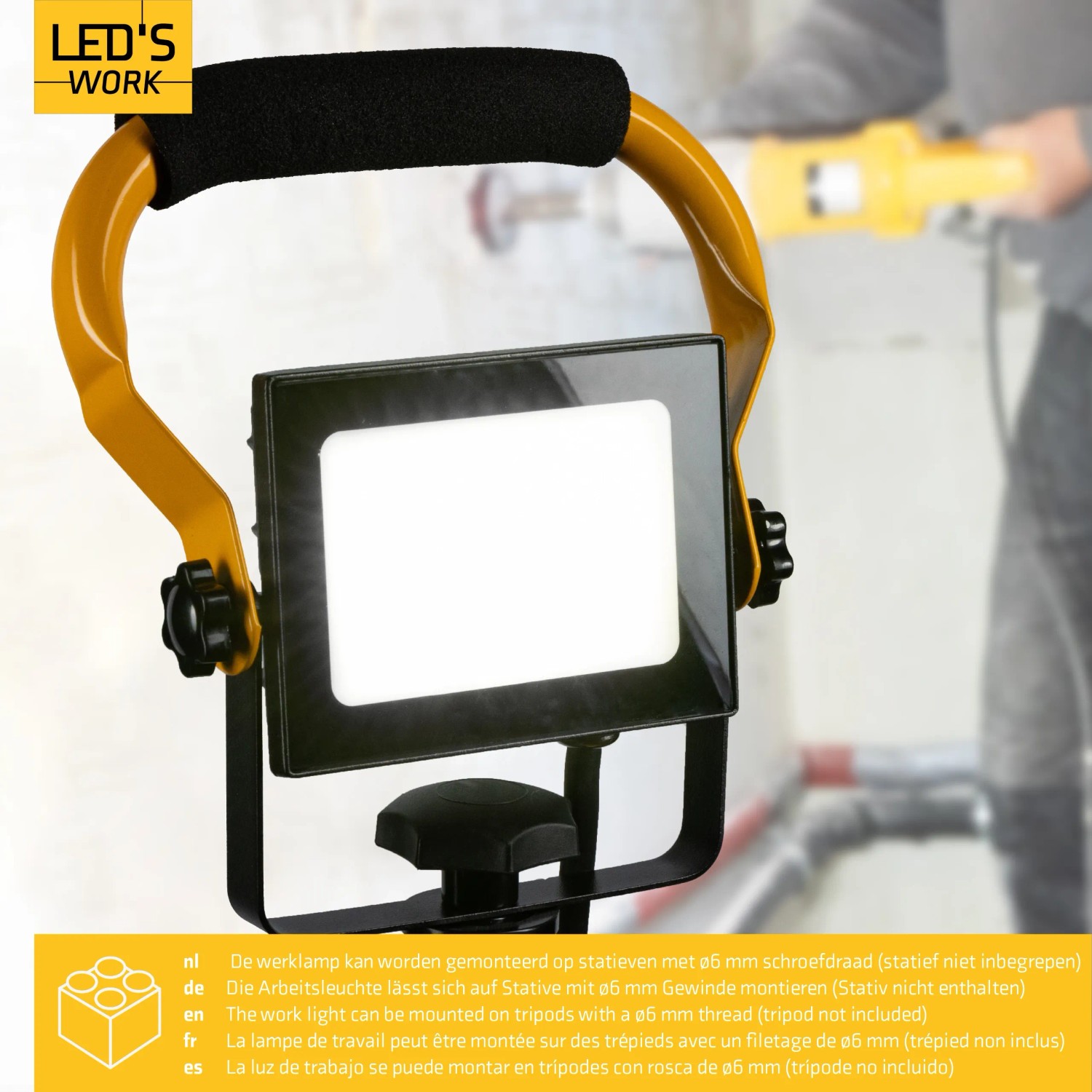 LED's Work Arbeitsleuchte, 20W, 1800lm, 4000K, IP65, gelbes Gestell, Baustrahler.