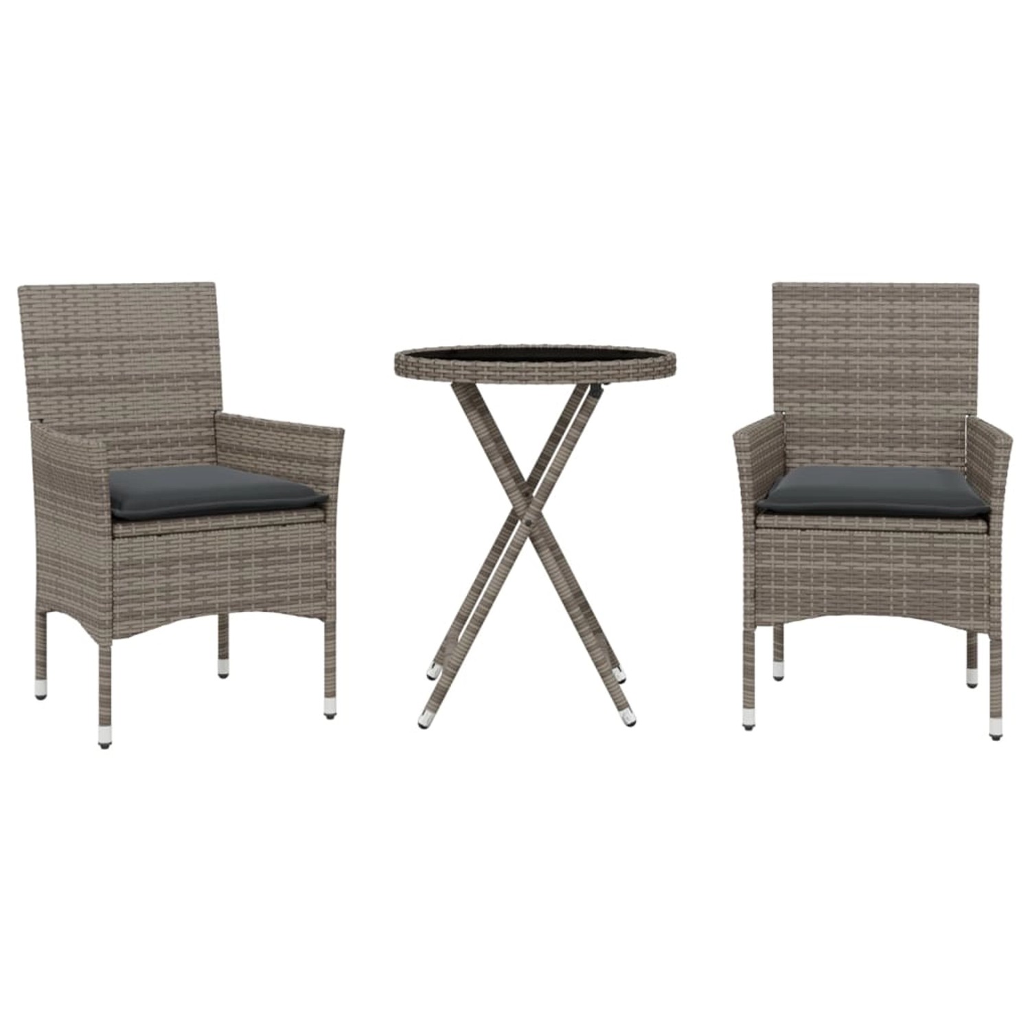 vidaXL 3-Tlg Bistro-Set mit Kissen Grau Poly Rattan und Glas 3278750