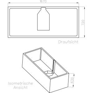 Technische Zeichnung Ottofond Wannenträger Cubic 170x75 cm, Draufsicht und isometrische Ansicht mit Maßen.