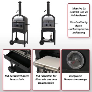 Schwarzer MCW Holzkohlegrill N15 Pizzaofen aus Stahl mit Pizzastein, Temperaturanzeige und Rädern.