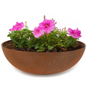 Hellgrau marmorierte Pflanzschale (37x10,5cm) mit pinkfarbenen Blumen bepflanzt.