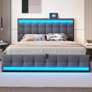 Graues Polsterbett 180x200cm aus Leinen mit gestepptem Kopfteil, blauen LED-Lichtern und USB-Anschlüssen.