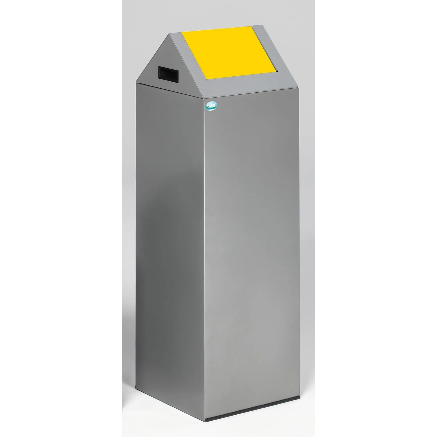 PROREGAL Selbstlöschender Wertstoffsammler Spitz Mit Einwurfklappe 89 Liter HxBxT 104,5 x 32 x 32 cm Verzinkter Stahl Silber Gelb