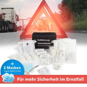 KARAT KFZ-Verbandtasche DIN 13164 mit Masken und Warndreieck für Erste Hilfe im Notfall.