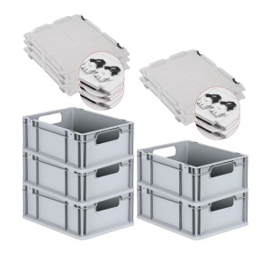 PROREGAL Spar Set: 5 graue Euroboxen mit Scharnierdeckel, 16 Liter, für Lagerung und Transport.