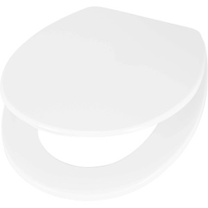 Weißer WC-Sitz aus Polypropylen, Standardform für Toiletten.