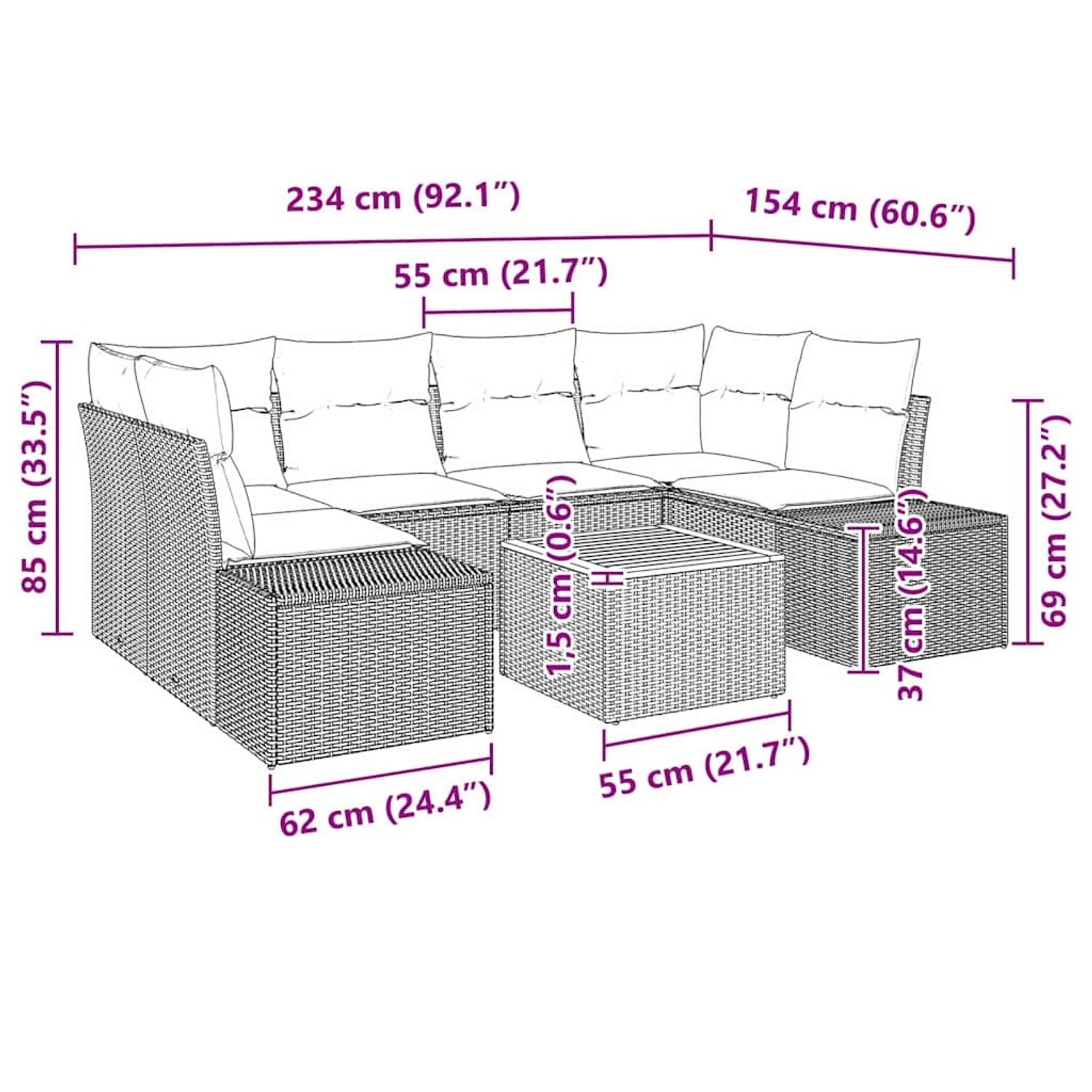 vidaXL Garten-Sofa-Set mit Kissen 7-Tlg Schwarz Poly Rattan 3347912 günstig online kaufen
