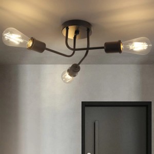 Schwarze ZMH Deckenleuchte im Vintage-Stil mit drei Armen und E27 Fassungen. Ideal für Industrial, Modern.