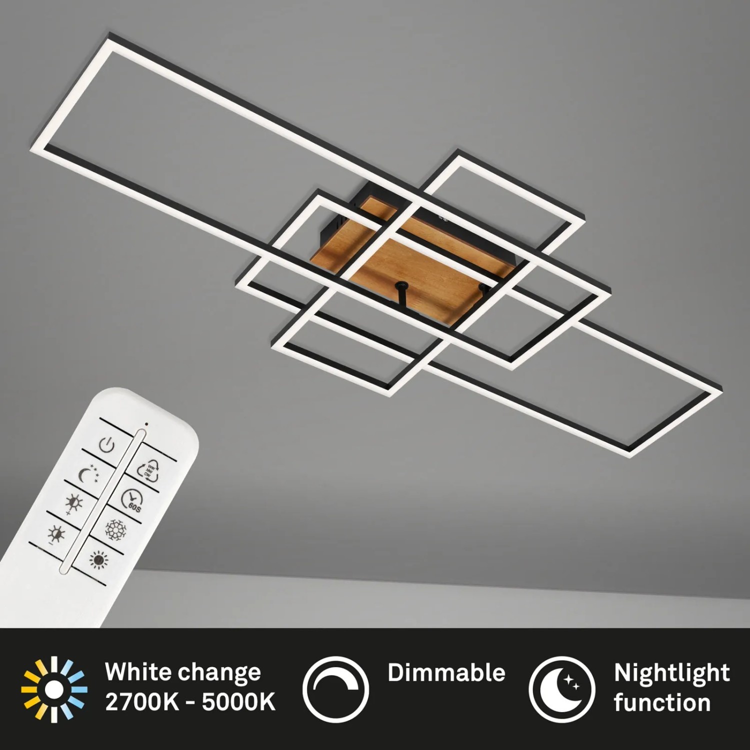 Dimmbare LED-Deckenleuchte Frame in Holzoptik mit Fernbedienung zur Lichtsteuerung.