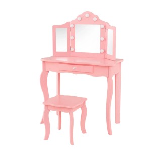 Costway 2 In 1 Kinder Schminktisch mit Led & Klappbarem Spiegel Rosa