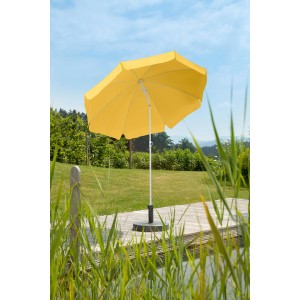 Goldgelber Schneider Balkonschirm Ibiza Ø 200 cm mit Push-Up Mechanik im Garten.