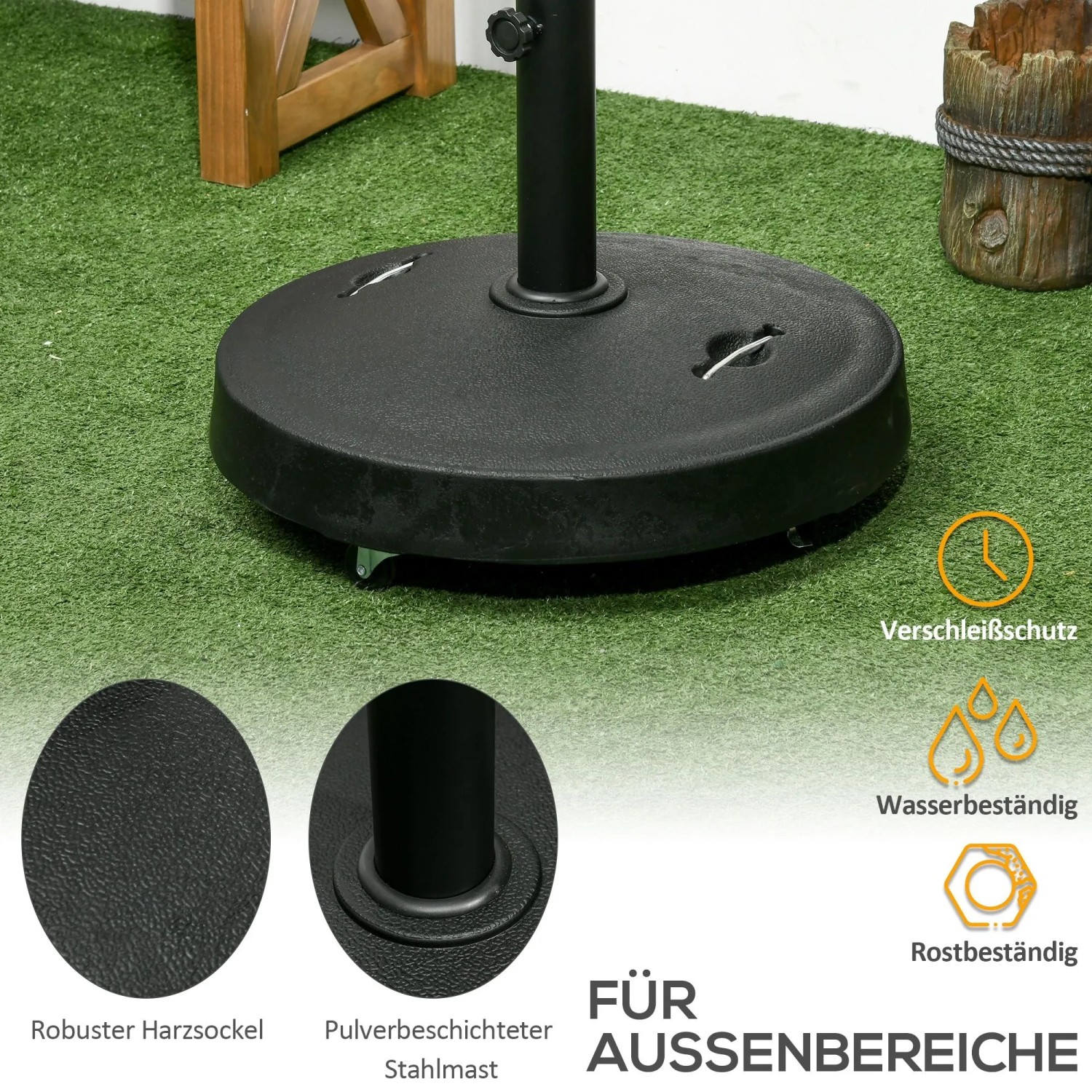 Schwarzer Furnicato Sonnenschirmständer mit Rollen, wetterbeständig, Ø53 cm.