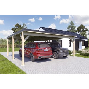 Holzbrüder Doppelcarport Ralf Natur mit schwarzem Blechdach und zwei parkenden Autos.