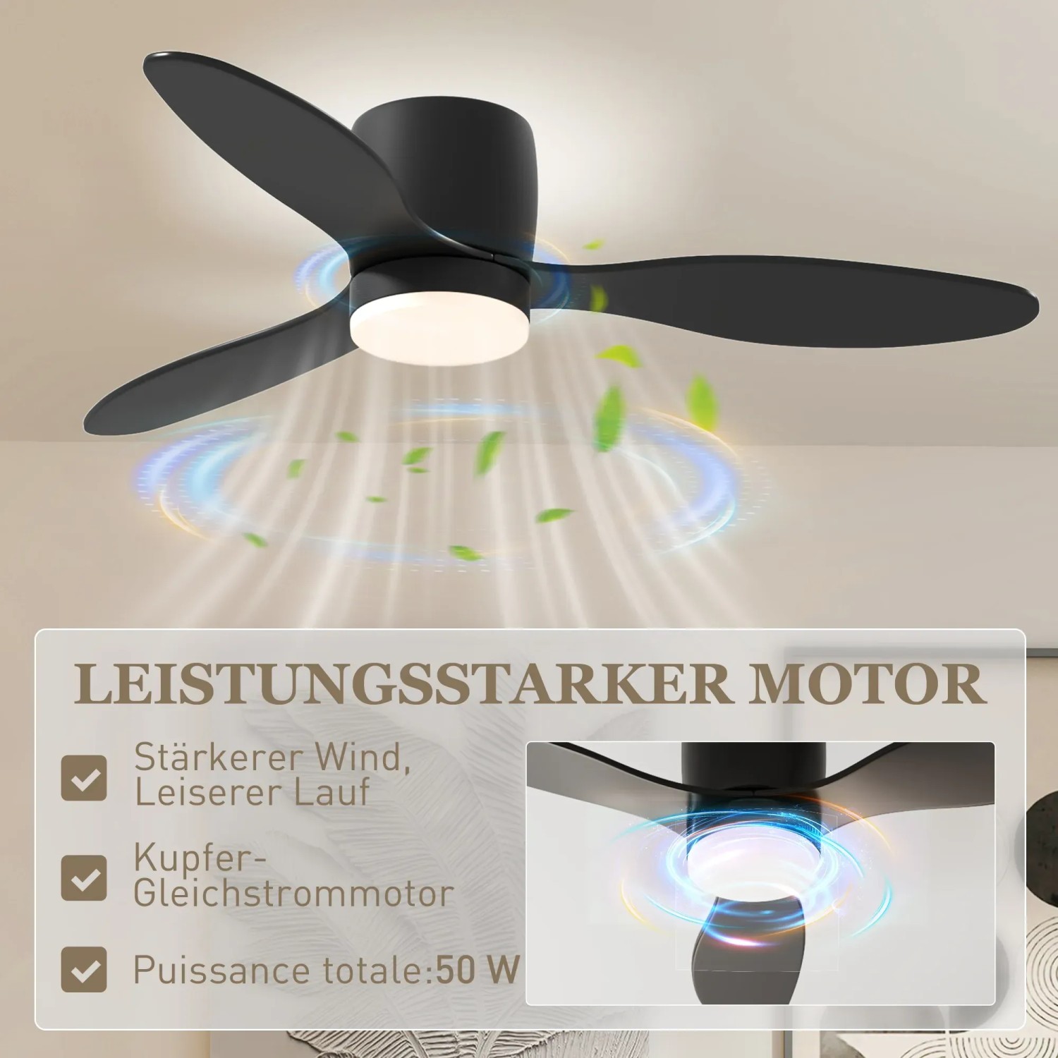 Schwarzer Deckenventilator mit Lampe und Fernbedienung, 115 cm Durchmesser.