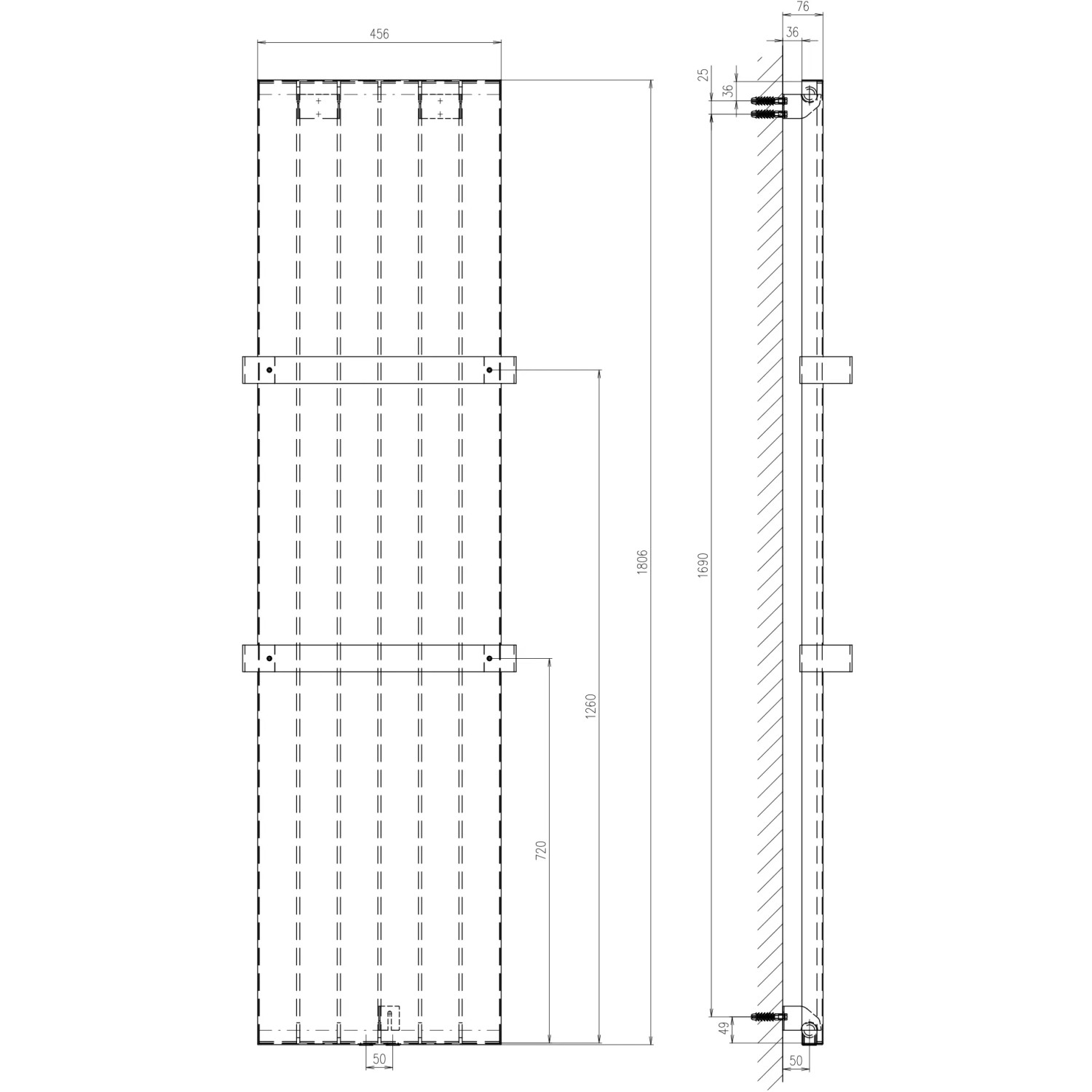 Technische Zeichnung: Schulte Design-Heizkörper New York, Pearl Weiß, mit Mittenanschluss.