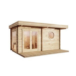 Finntherm Gartensauna Enns-70 aus Fichtenholz mit Flachdach und Terrasse.