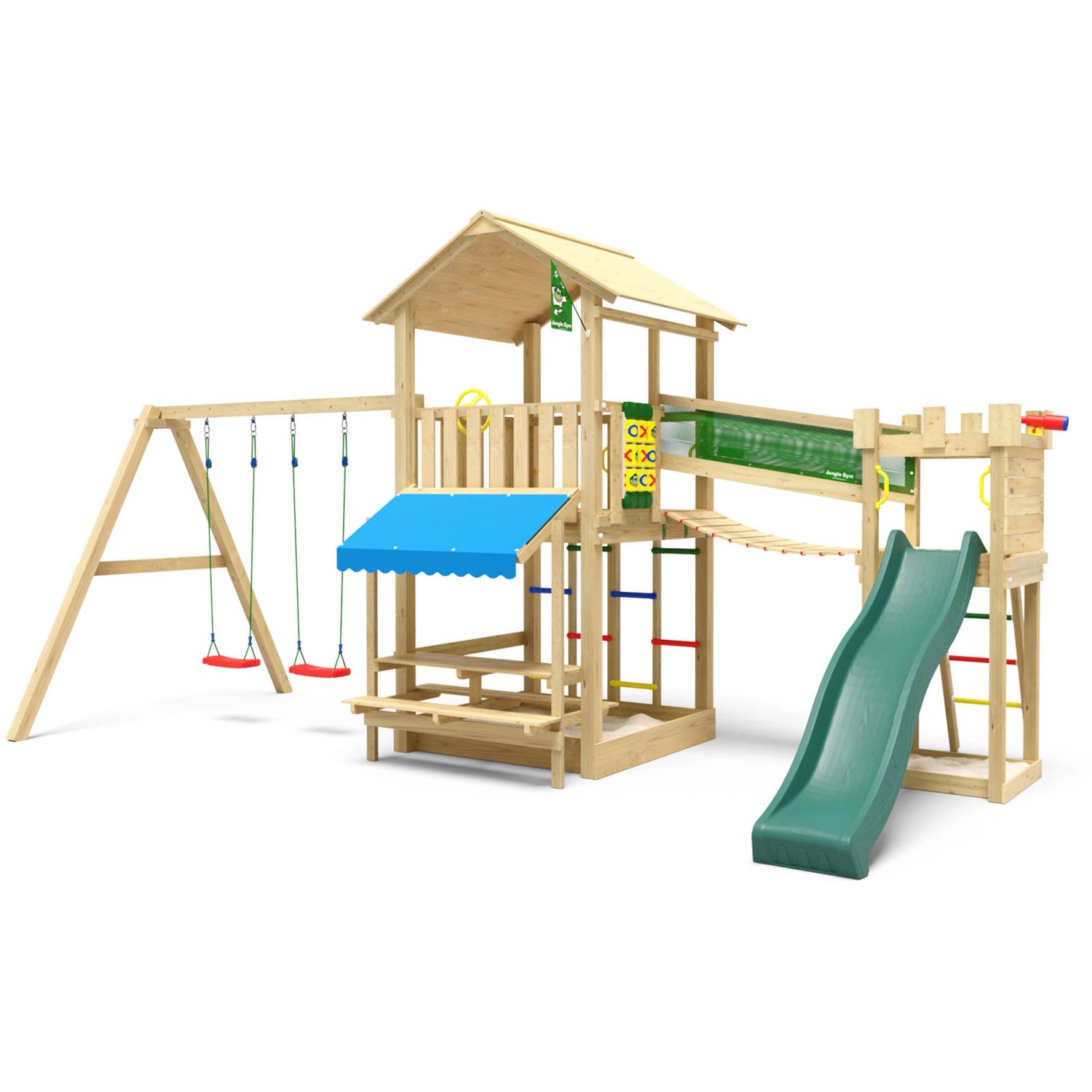 Jungle Gym Spielturm Cascade Holz Picnic m. 2 Schaukeln Brücke Rutsche Dunk günstig online kaufen