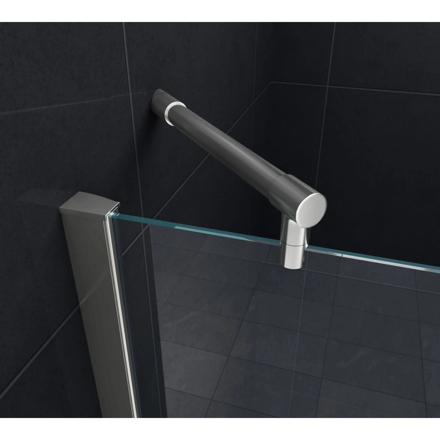 Detailaufnahme: Glasdeals Nischentür ENTRARO mit Stabilisierungsstange und Chrom-Profil.