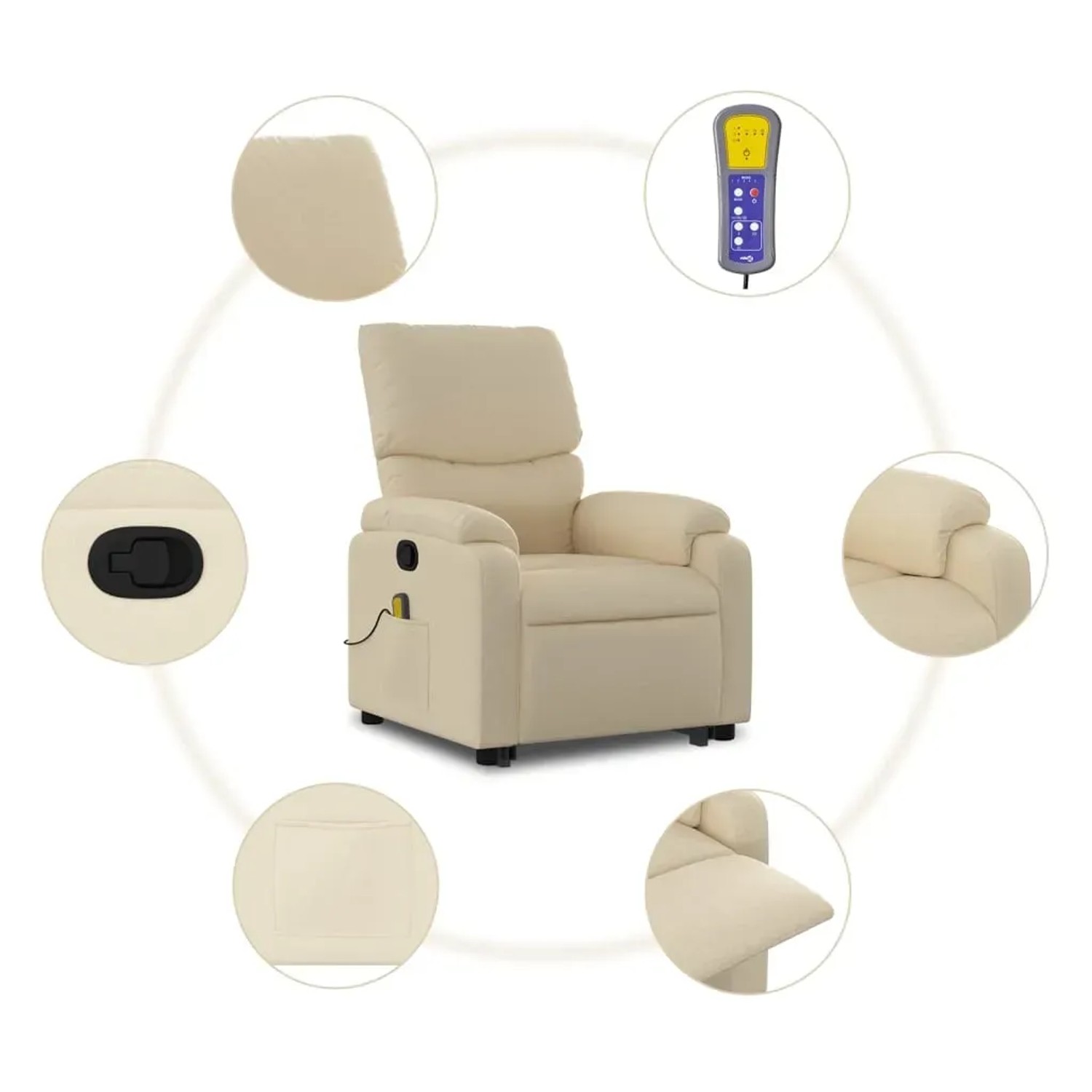 Cremefarbener Massagesessel mit Aufstehhilfe, Stoffbezug und Fernbedienung. Relaxsessel für Senioren.