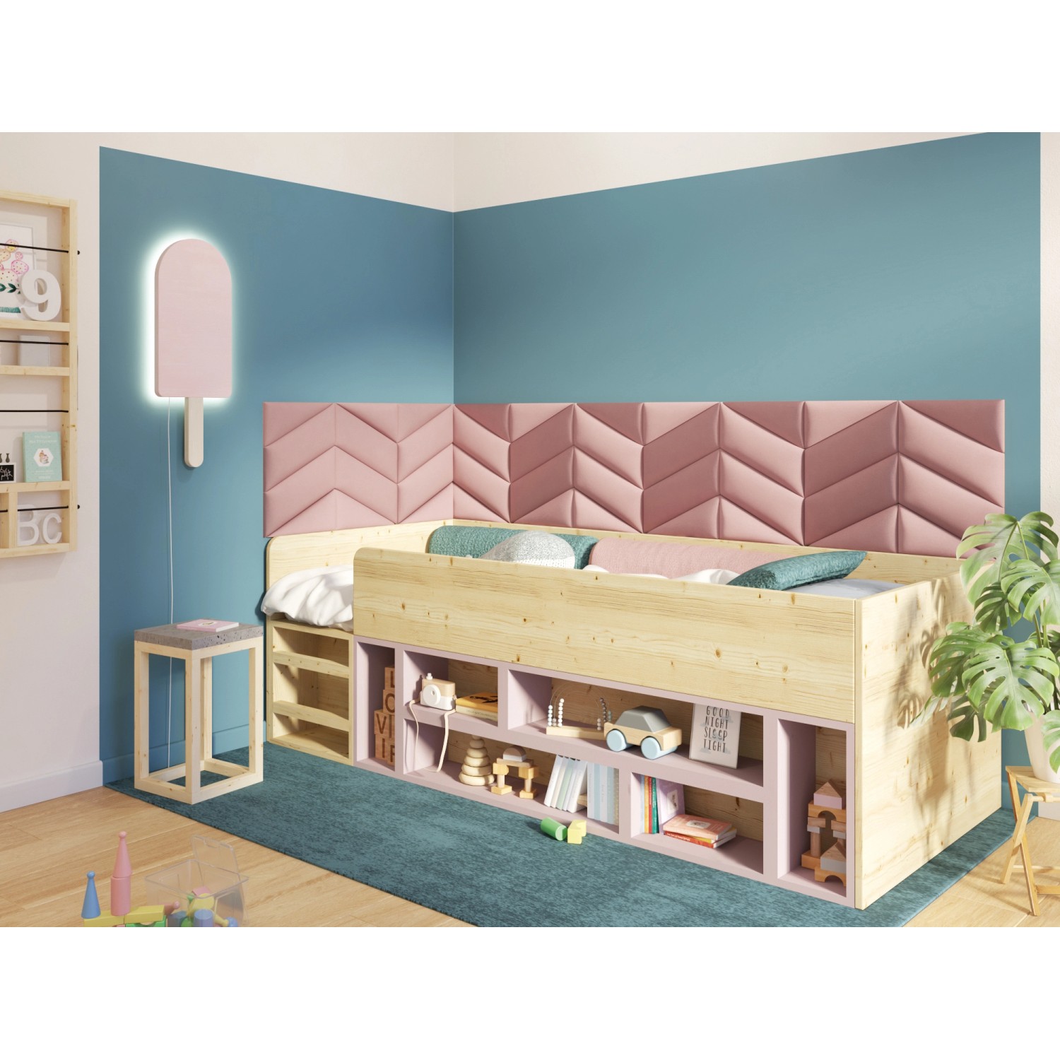 Wandkissen Quadrat 30x30 Rosa Samt als Kopfteil am Kinderbett.