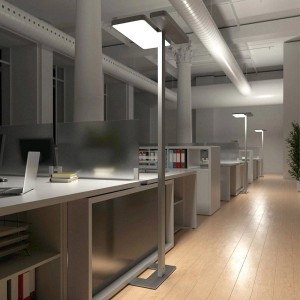 Moderne Arcchio LED Bürostehleuchte Aila aus Aluminium, dimmbar mit Bewegungsmelder im Büro.