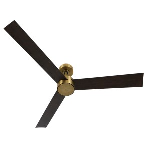 Energiespar Deckenventilator Climate IV in Messing-Optik mit drei Flügeln in Nussbaumoptik.