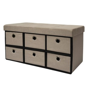 Beige Sitzbank mit Sitztruhe und 6 Schubladen. Garderobenbank mit Stauraum.