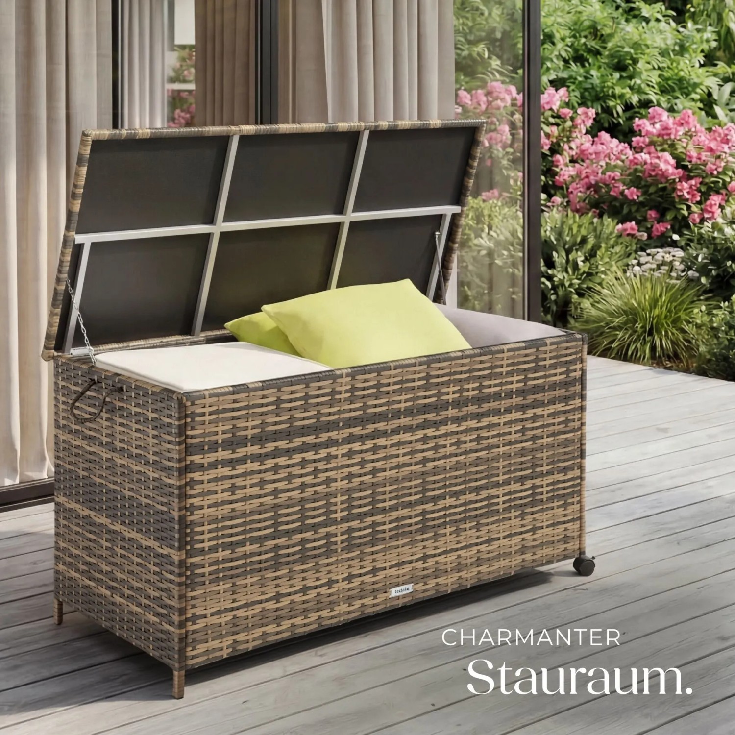 Tectake Auflagenbox Kuusamo, 253 L, Rattangeflecht, mit Rollen und geöffnetem Deckel.