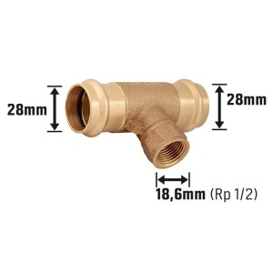 Rotguss Press-T-Stück 28 mm x 18,6 mm für Kupferrohre in Heizung und Sanitär.