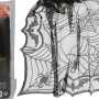 Schwarze, transparente Tischdecke mit Spinnennetzmuster und Fledermäusen für Halloween-Dekoration.