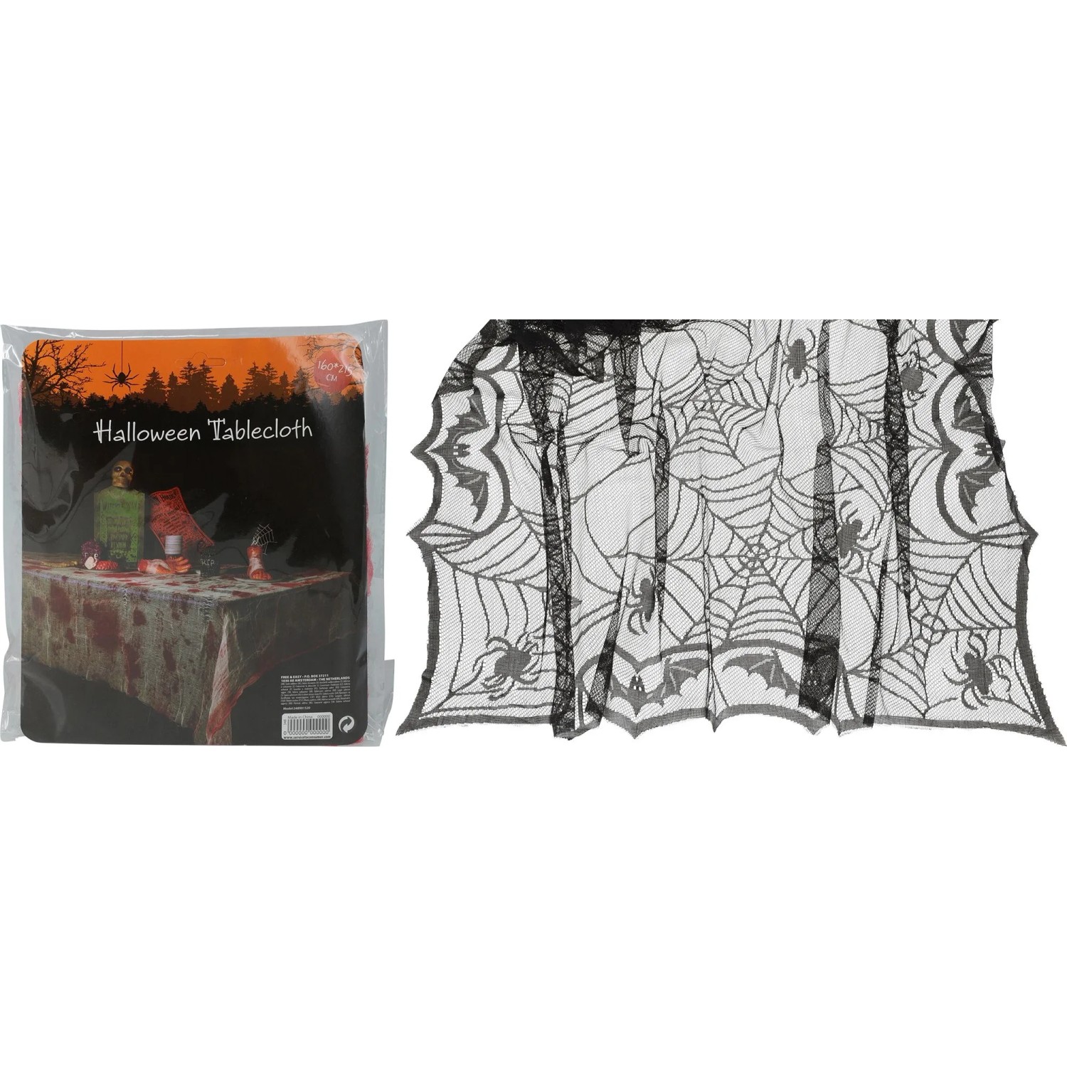 Schwarze, transparente Tischdecke mit Spinnennetzmuster und Fledermäusen für Halloween-Dekoration.