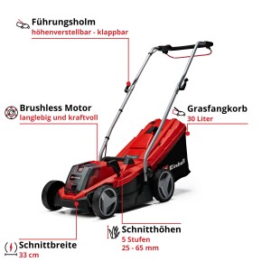 Einhell Akku-Rasenmäher GE-CM 18/33 Li-Solo, rot/schwarz, mit klappbarem Holm und Grasfangkorb.