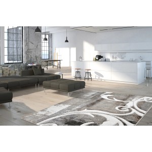 Moderner, kurzflor Teppich Acapulco in Taupe mit floralem Muster, 80x150 cm.