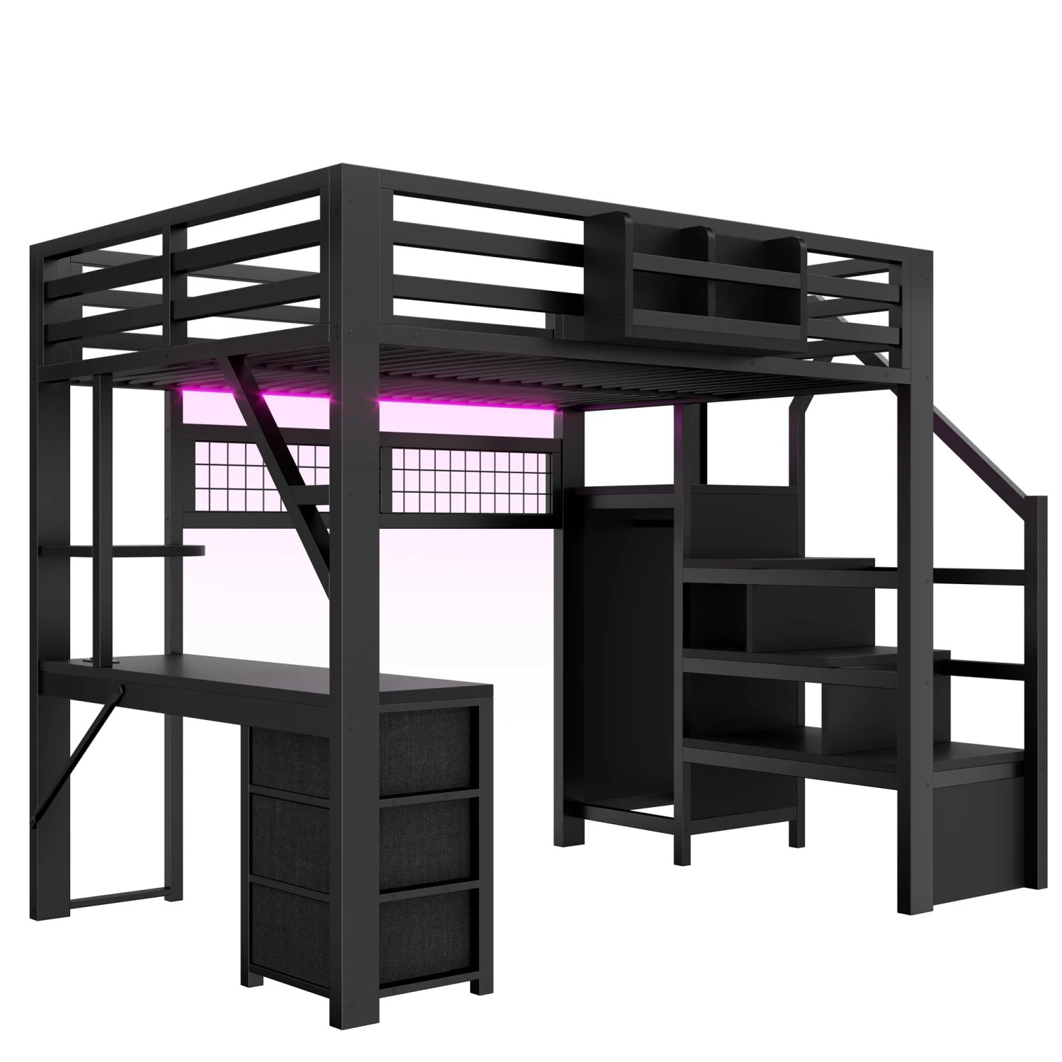 Merax Metall Hochbett 140x200 cm Mit Schreibtisch 3 Schubladen Staufächern Kleiderschrank LED Schwarz