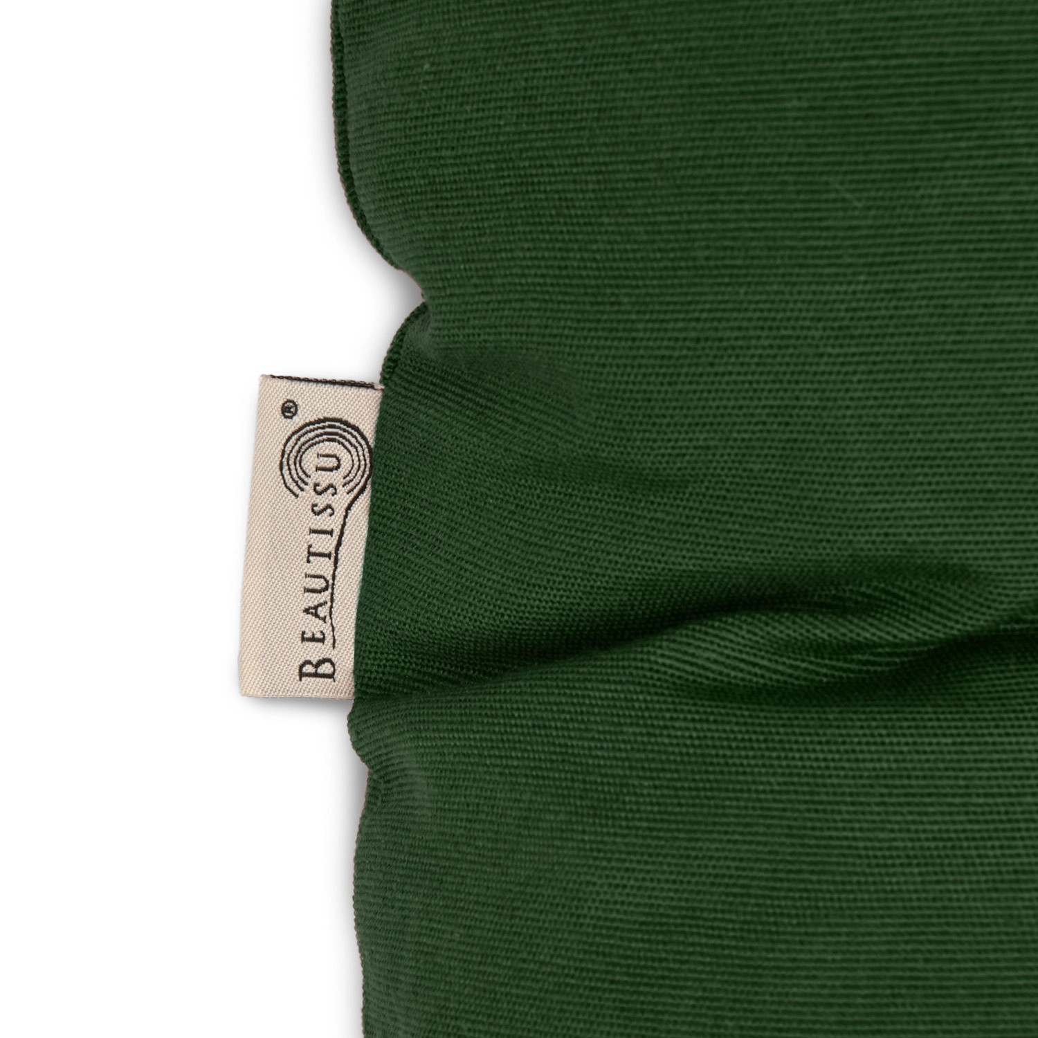 Detailaufnahme Beautissu Flair BR Bankauflage 100x50cm Dunkelgrün, Gartenbankauflage mit Etikett.