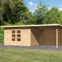 Unbehandeltes Karibu Holz-Gartenhaus Karlskoga 4 mit Pultdach und Anbau im Garten.